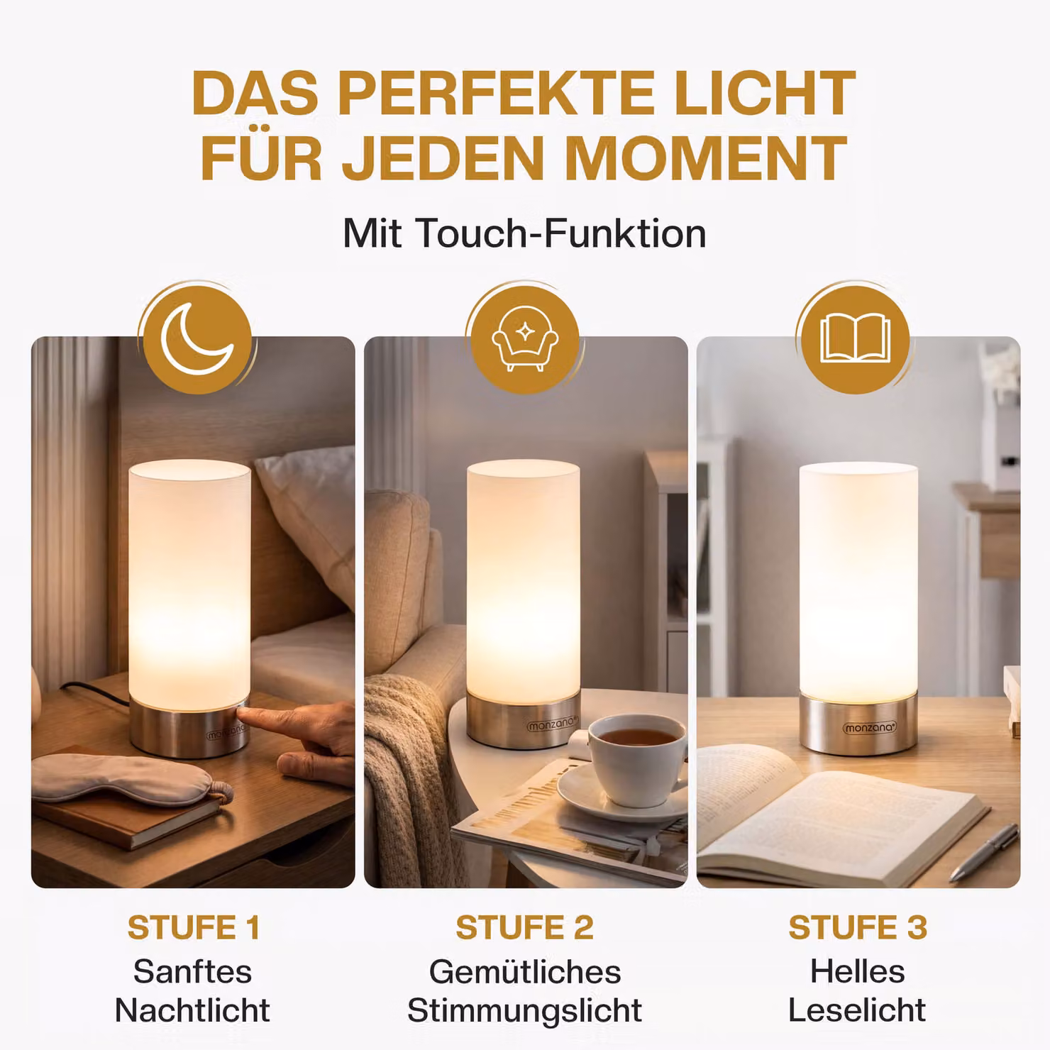 Set da 2 lampade da tavolo Lumo monzana® in metallo bianco e argento con tecnologia touch e lampadina inclusa – 2