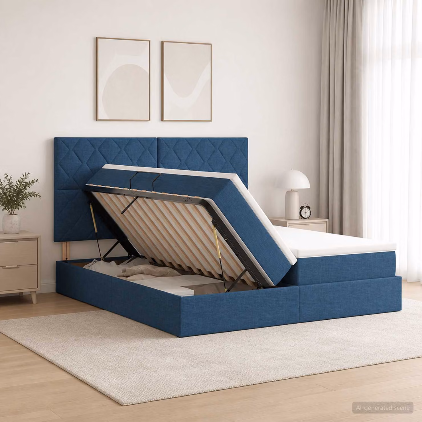 Letto con contenitore e testiera vidaXL in tessuto blu, L 200 x P 200 x H 140 cm