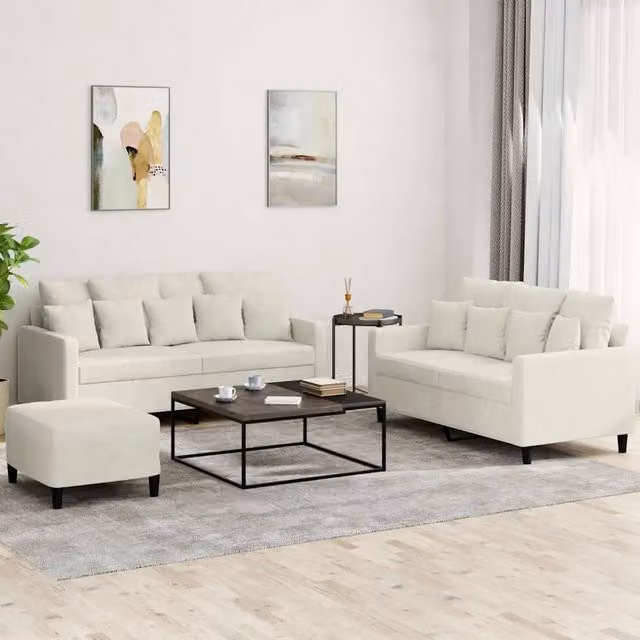 Set di divani 3 pezzi vidaXL in velluto beige e bianco con cuscini per soggiorno in stile moderno – 1