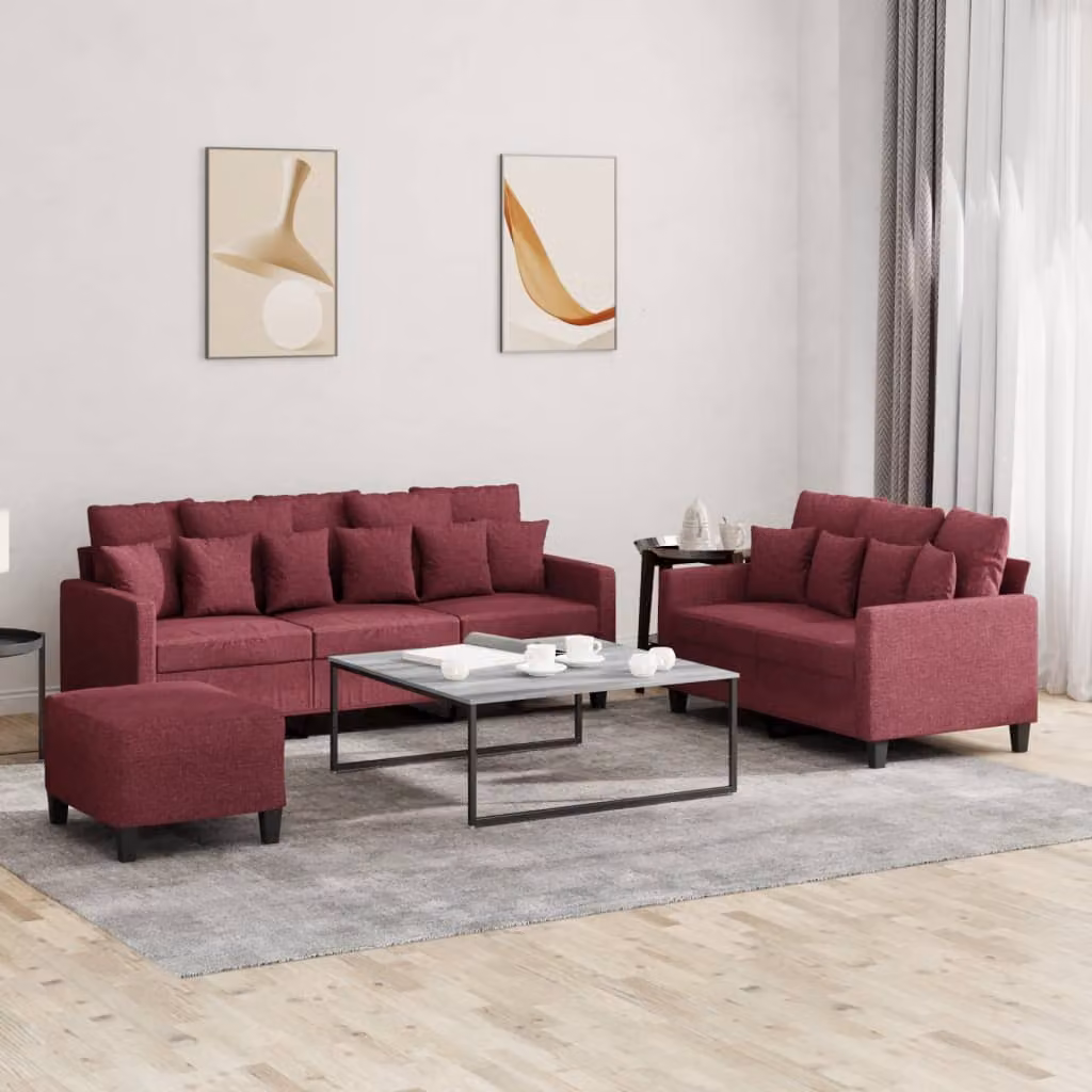 vidaXL Set di Divani 3 Pezzi Moderno in Tessuto Rosso con Cuscini e Pouf – 1