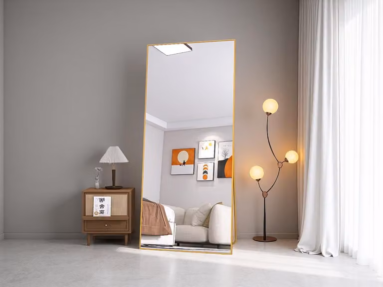 Specchio rettangolare per il trucco in vetro temperato, cornice in alluminio dorato, 1800x800 mm, design moderno ed elegante