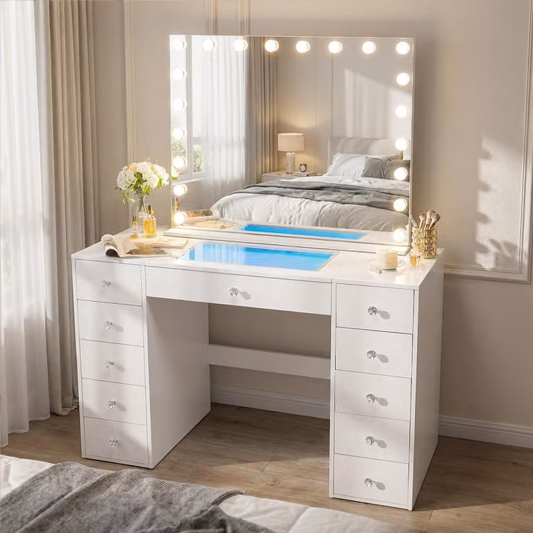 Tavolino da trucco VANITII con specchio (dimensioni dello specchio: 95 cm x 76 cm), piano in vetro, design moderno ed elegante in bianco