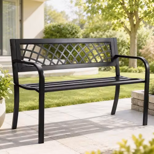 Panchina da giardino VEVOR in metallo nero con schienale e braccioli, L: 116,3 cm, P: 52,5 cm, H: 76,2 cm