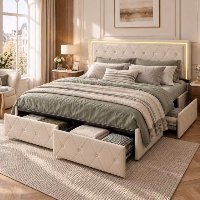 Letto Matrimoniale Contenitore 140X200 cm, Letto Imbottito con 4 Cassetti, Illuminazione a LED, Rete a Doghe, Testiera Imbottita Regolabile, Senza Materasso, Beige