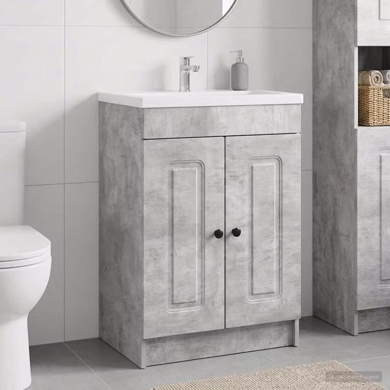 Mobiletto da bagno sotto il lavello vidaXL moderno con ante a cerniera e ripiani interni, Grigio Cemento, L: 81,0 cm, P: 37,5 cm, H: 56,0 cm