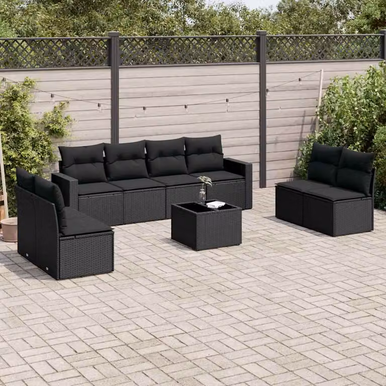 vidaXL Set Divani da Giardino a L 9 pz in Polyrattan Nero con Cuscini e Tavolino da Caffè