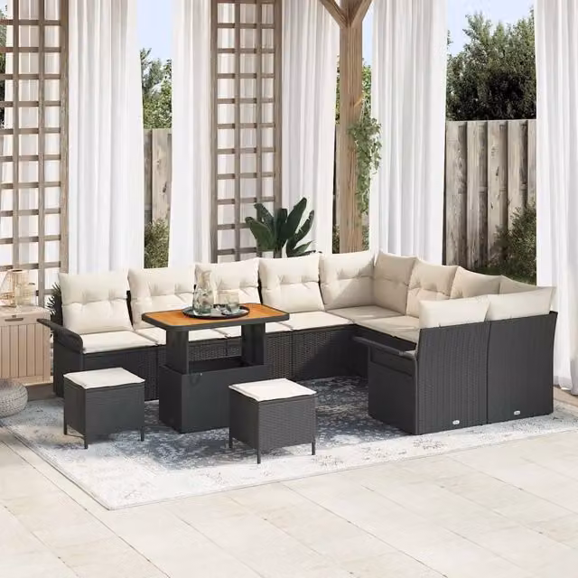 Set da giardino moderno vidaXL composto da 12 pezzi in rattan nero con cuscini inclusi e struttura in acciaio verniciato a polvere – 1