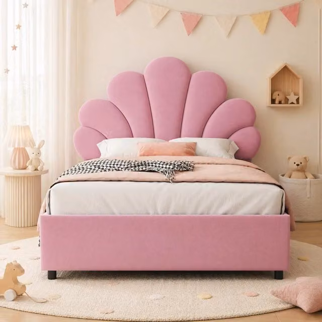 Letto imbottito 90x200 cm rosa in velluto, con contenitore idraulico