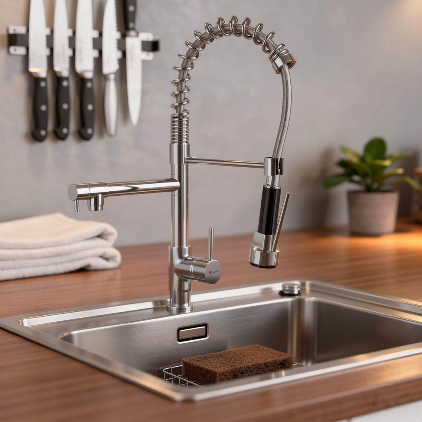 Rubinetteria da cucina TecTake con due rubinetti e doccetta estraibile in ottone, colore grigio e argento – 2