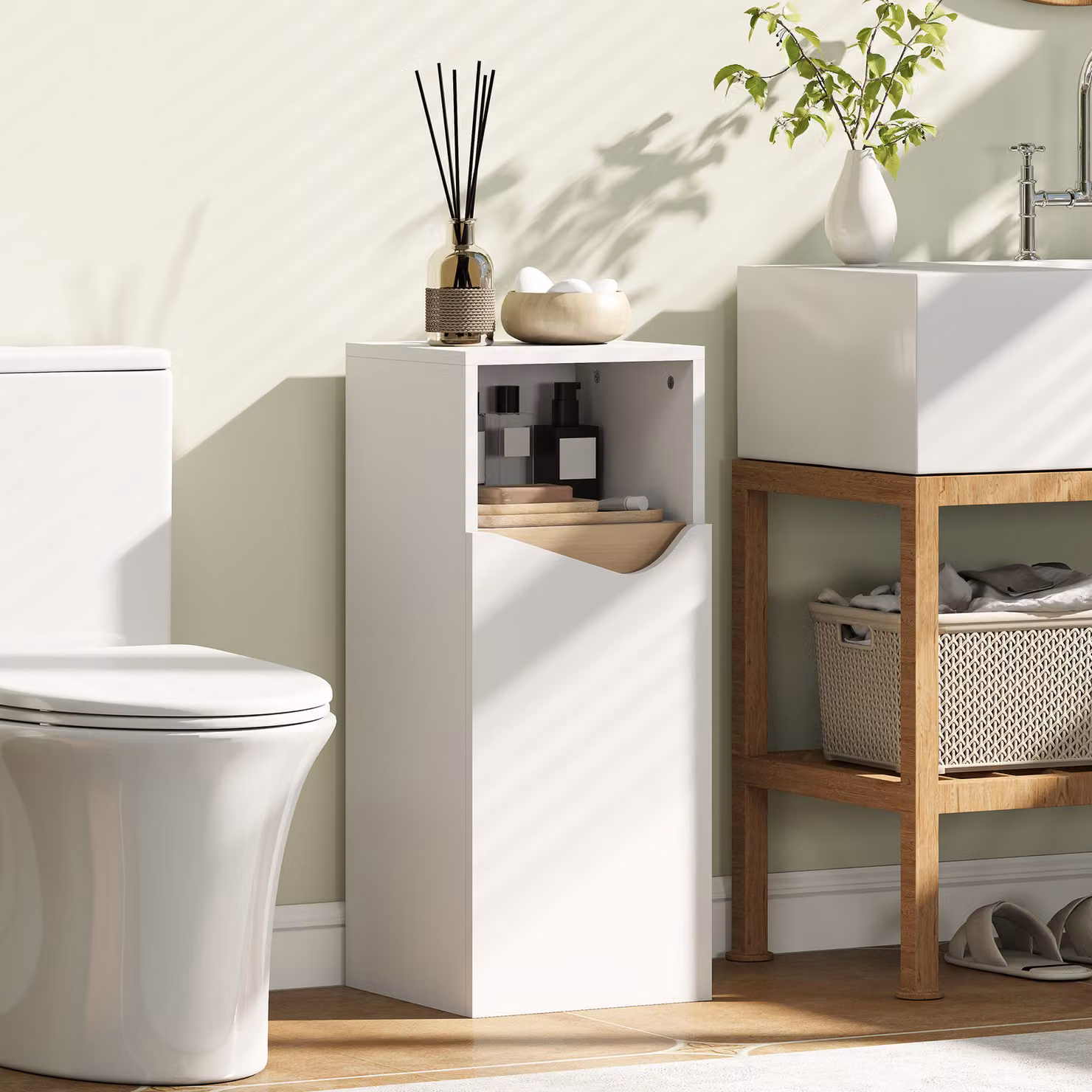 Armadietto da bagno stretto HOMCOM con ripiani regolabili e vano aperto, Bianco, L 30 cm x P 30 cm x H 71,5 cm – 2
