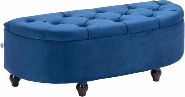 Pouf Minimal in velluto blu con struttura in legno