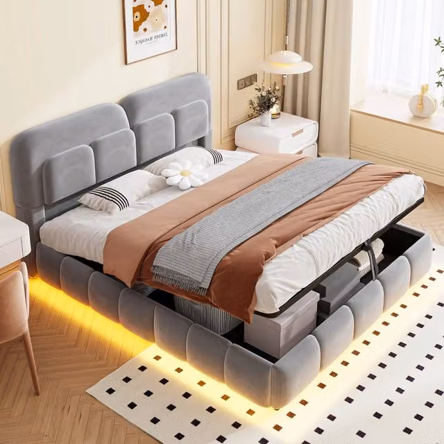 Letto imbottito 140x200 in velluto grigio con contenitore idraulico e illuminazione LED