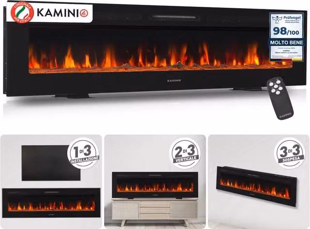 KAMINIO Camino elettrico MARLON - Camino elettrico 3 in 1 con riscaldatore, effetto fiamma 3D, 12 colori di fiamma, telecomando - 70 pollici