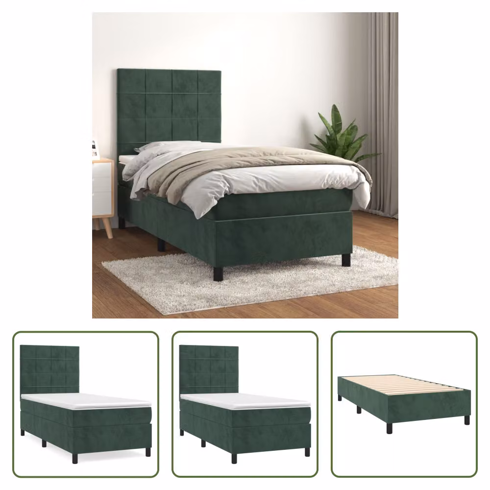 The Living Store Letto a molle con materasso verde scuro 90x200 cm in velluto