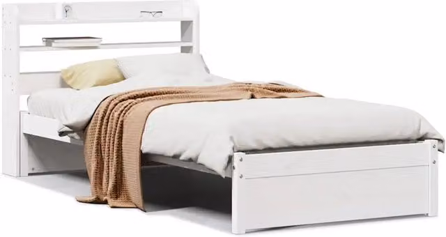 Letto singolo per adulti in legno massello di pino bianco con testiera e ripiani laterali L/P/H: 190 x 82 x 85 cm
