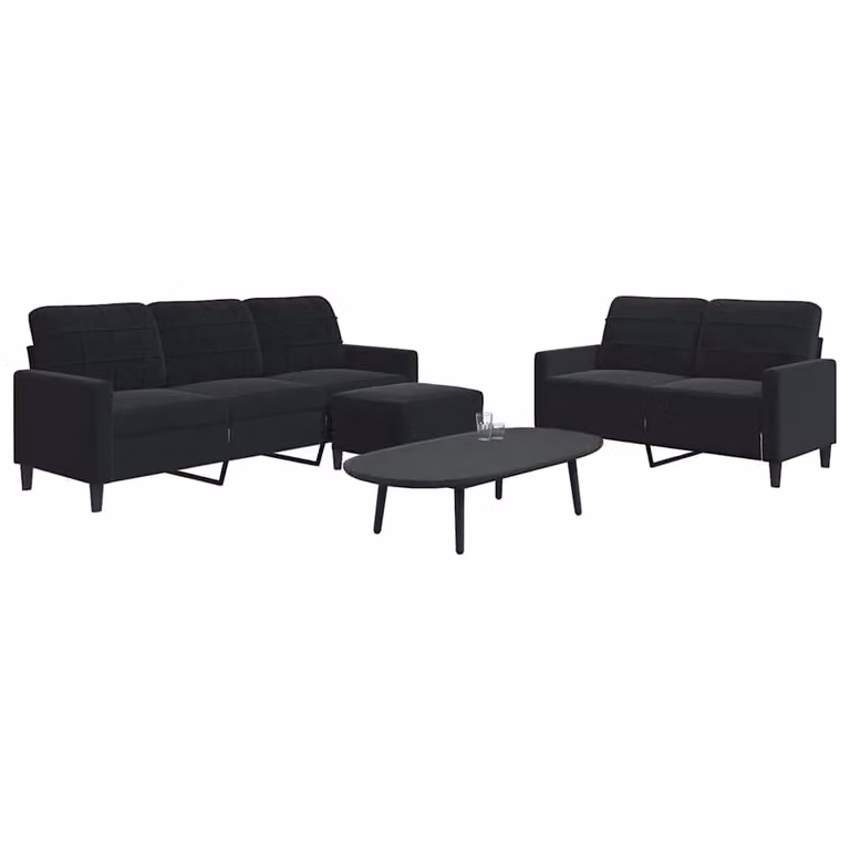 Set di divani vidaXL 3 pezzi in velluto nero con pouf e cuscini, design moderno con struttura in metallo per il tuo soggiorno