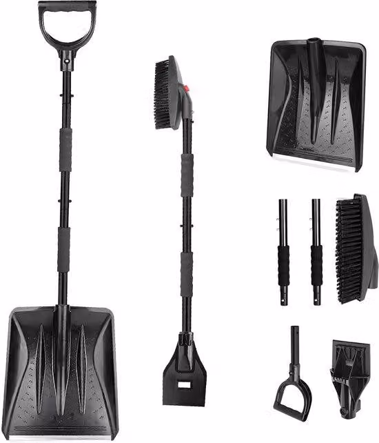 Uniqoos® pala multifunzione 3-in-1 con spazzola rotante a 360°, raschietto per ghiaccio e spazzaneve – smontabile, salvaspazio, manico in acciaio inossidabile con impugnatura antiscivolo in schiuma