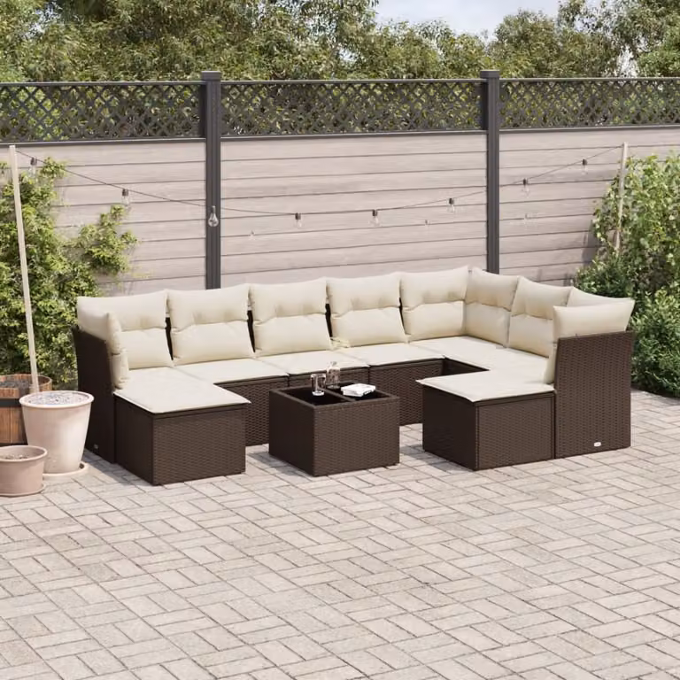 vidaXL Set Divani da Giardino 10pz in Polyrattan Marrone con Cuscini Bianchi e Tavolino da Esterno