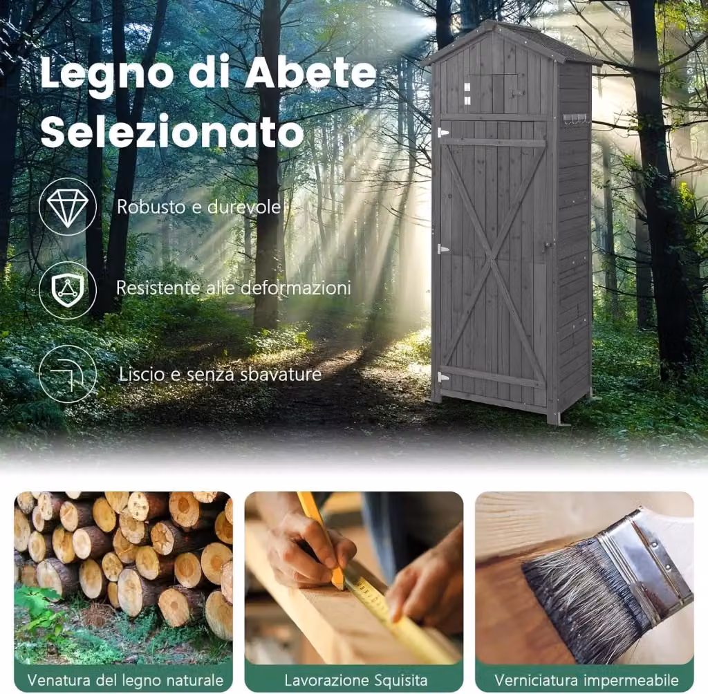 Armadio da Giardino in Legno COSTWAY Grigio con Serratura, Ripiani Rimovibili e Tetto Impermeabile, L/P/H: 180.5 x 75 x 50 cm – 2