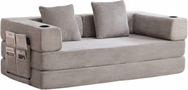 Divano letto pieghevole moderno in velluto a coste grigio con braccioli e tasca laterale per portabicchieri – 1