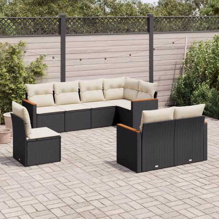 Set di divani da giardino vidaXL a forma di L con 8 cuscini, design moderno in rattan nero e struttura in metallo con coperture rimovibili