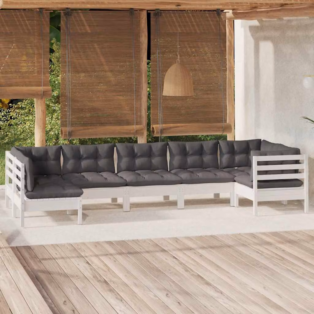 vidaXL Set Divani da Giardino a L 7 pz in Legno di Pino con Cuscini Imbottiti