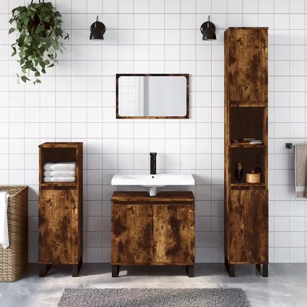 Set Mobili da Bagno Moderno in Legno e Metallo Marrone con Mobile Lavabo e Armadietto Laterale – 2