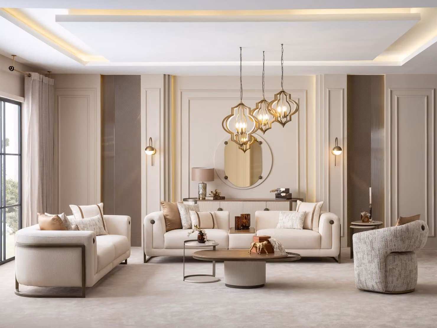 Set da salotto beige: divani a 4+3+1 posti, tavolino da salotto, tavolino ausiliario, credenza, divani