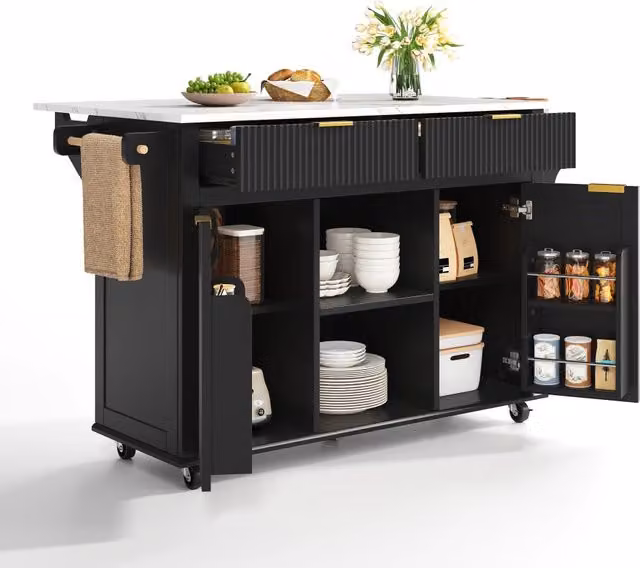 Isola cucina con ruote 143 x 45 x 89;5 cm; piano di lavoro ribaltabile; 2 cassetti e 2 ante; MDF nero e naturale