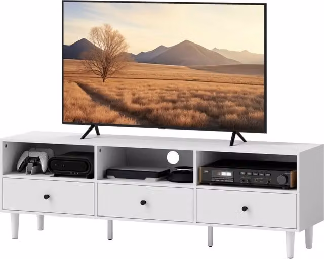 Mobile TV bianco 140x34x45 cm con 3 cassetti e 3 vani aperti, gestione cavi, per TV fino a 75 pollici