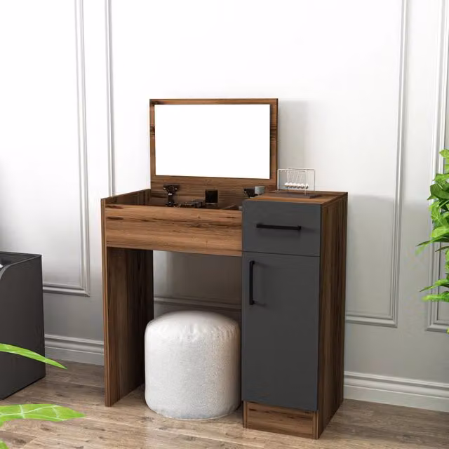 Mobile da Trucco Rodano DMORA con Specchio, Marrone Noce, L: 77 cm, P: 37 cm, H: 109 cm