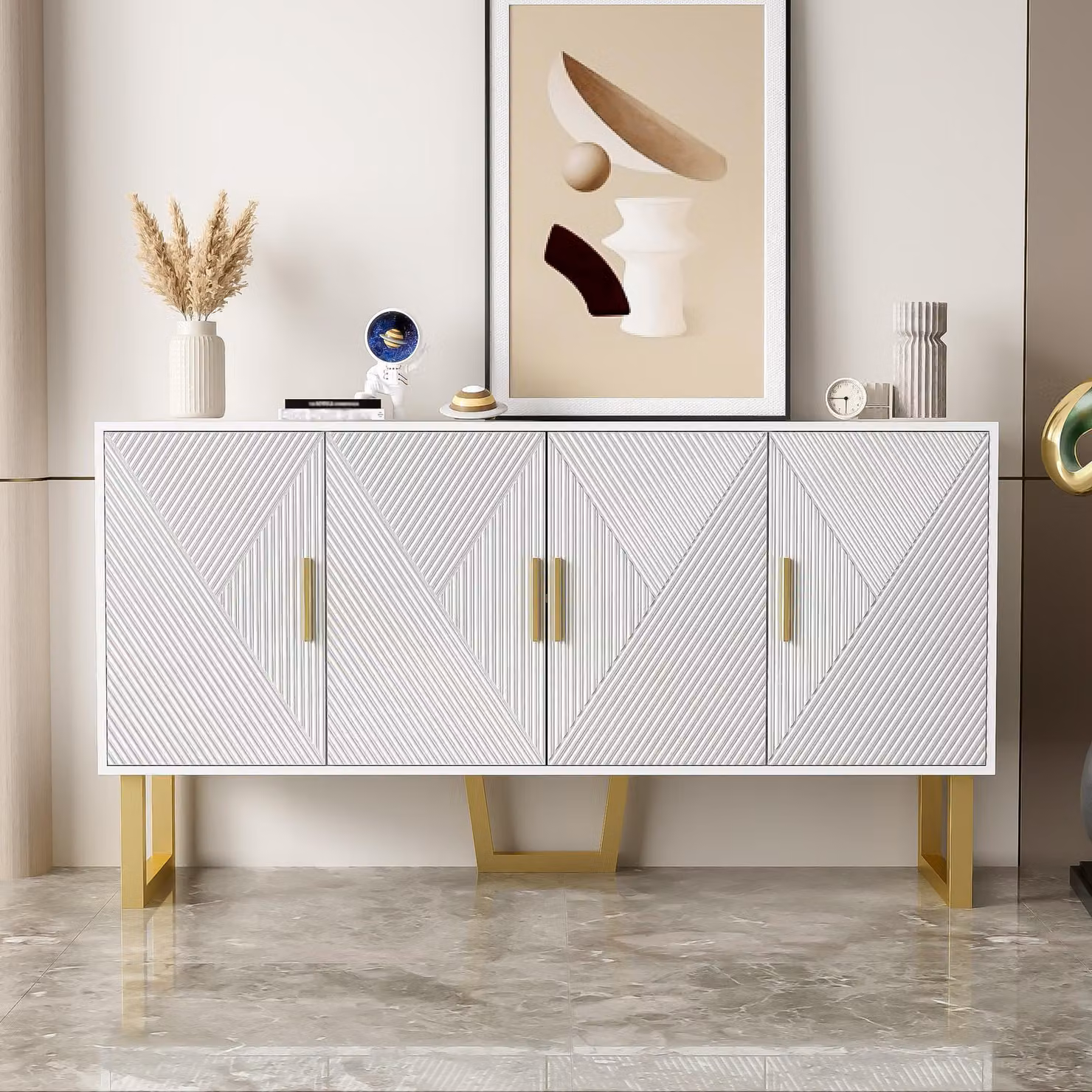 buffet largo 150 cm con ante lucide e maniglie dorate, design a 4 ante, bianco