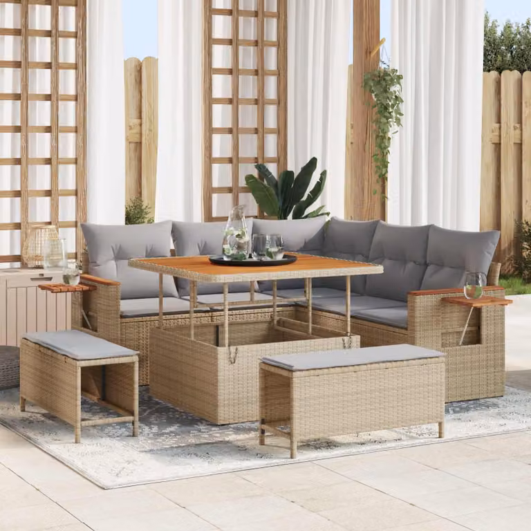 Set Divano da Giardino vidaXL 8 pz in Polyrattan Beige con Cuscini e Tavolino