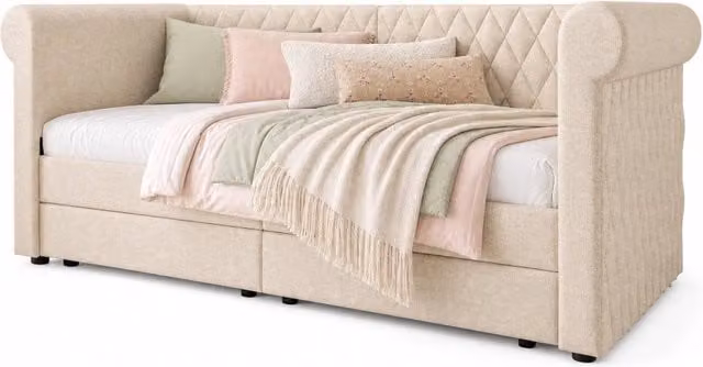 Divano letto 90x200 cm beige in lino con 2 cassetti， senza materasso