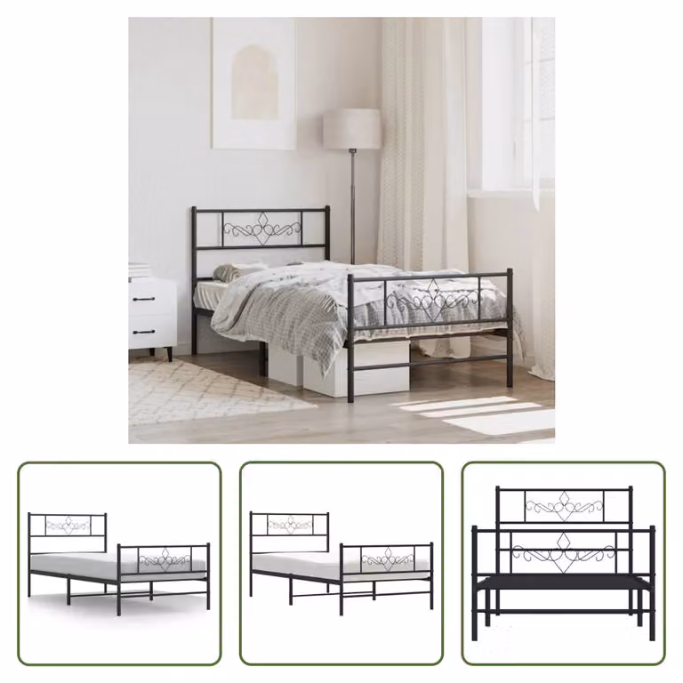 The Living Store Struttura letto con testiera e pediera in metallo nero 100x200 cm