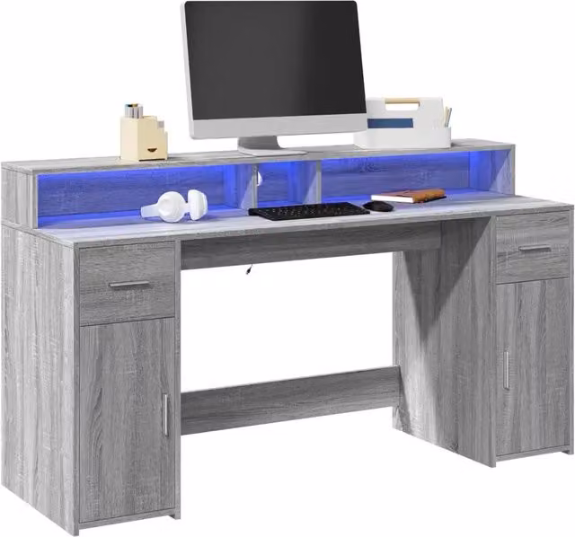 Scrivania con Luci LED Grigio Sonoma 160x55x91cm in Multistrato 3309434