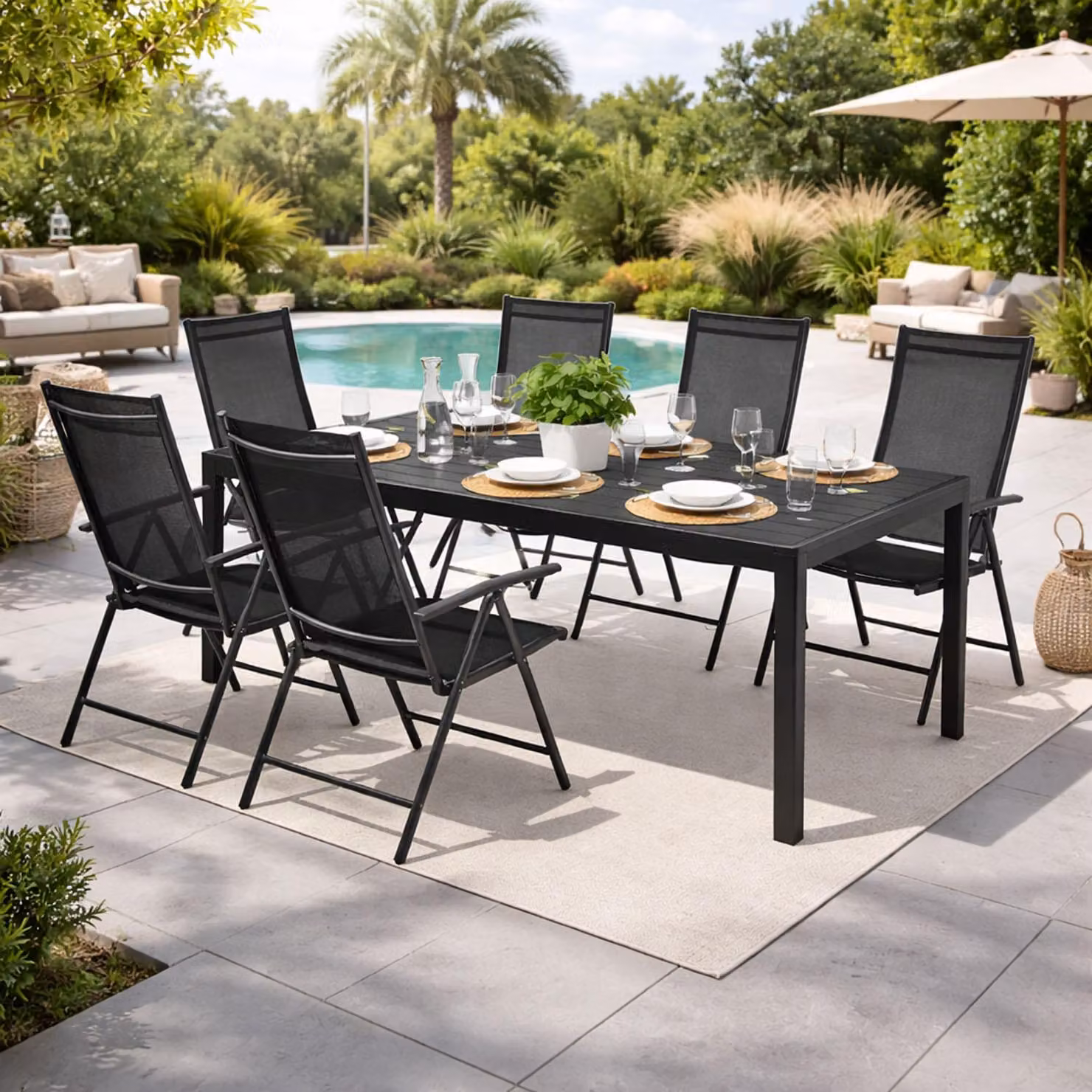 Set da giardino Set di sedute 7 pezzi 150x90cm Alluminio antracite / Nero