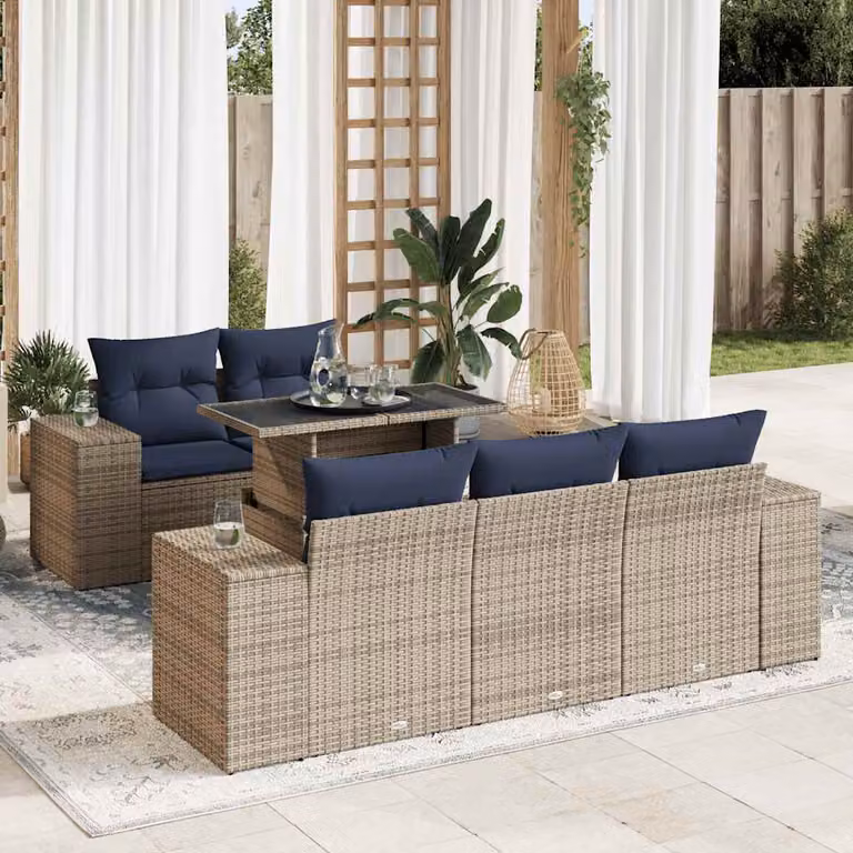 Set Divano da Giardino vidaXL 6 Pezzi con Cuscini in Polyrattan e Legno di Acacia Grigio e Blu