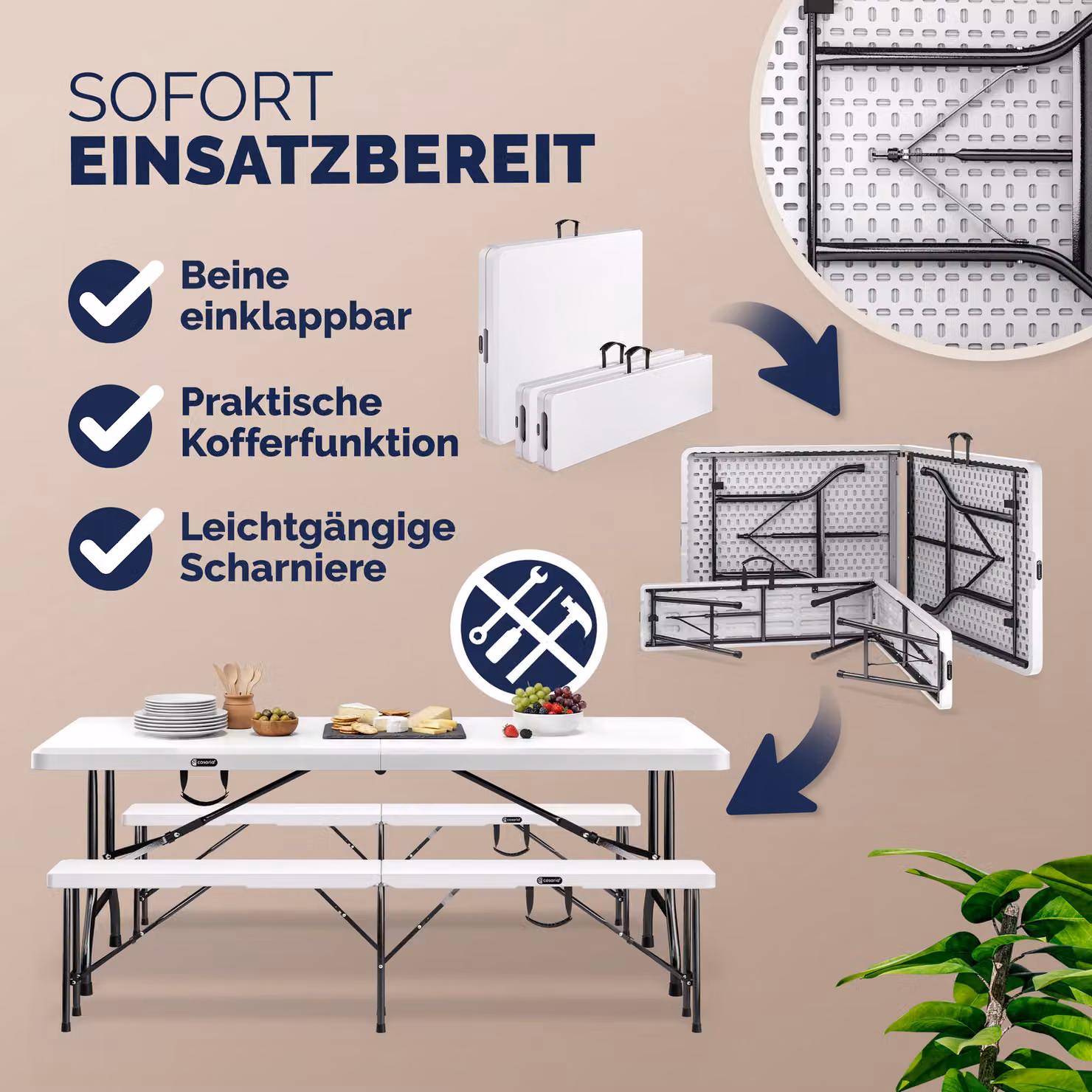 Set birreria pieghevole Casaria in plastica bianca, 3 pezzi, L: 180 cm – 4