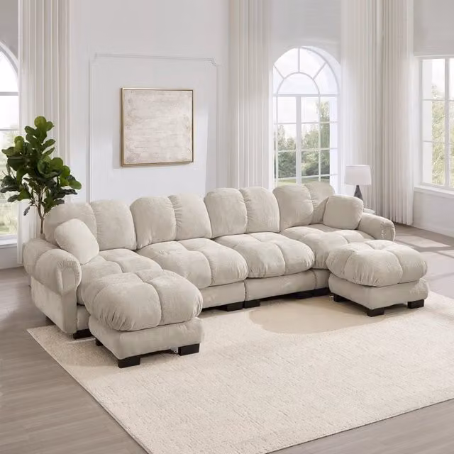 Divano modulare 330x149x90 cm configurabile a U o L in ciniglia kaki chiaro