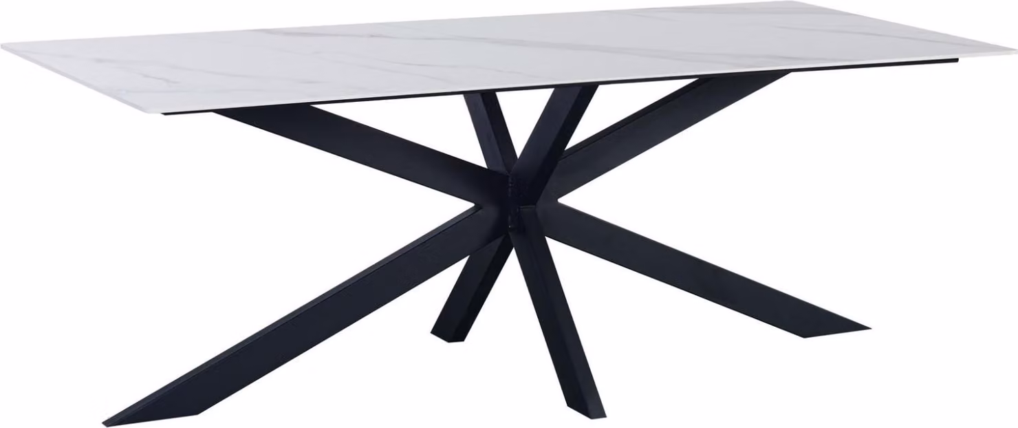 In And OutdoorMatch tavolo da pranzo quadrato Barce - 230x100cm - Aspetto marmo - Gamba a X - Pietra sinterizzata - Moderno - Tavolo da sala da pranzo - Bianco