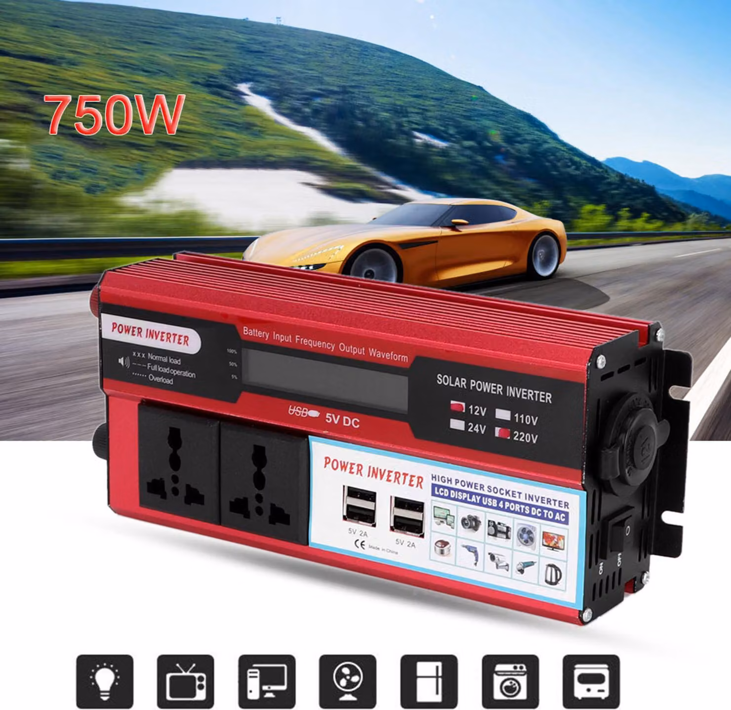 Convertitore di energia solare, inverter stabile da 12 V CC a 220-240 V CA con elevata efficienza di conversione, forte adattabilità per automobili