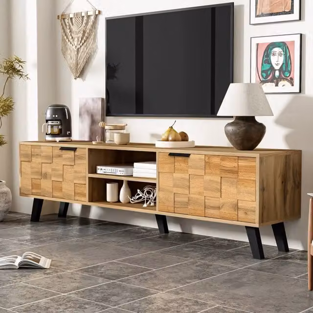 Mobile porta TV moderno OKWISH in truciolare effetto legno marrone con 2 ante ammortizzate e 2 vani aperti L: 160,5 cm, P: 35,5 cm, H: 45 cm