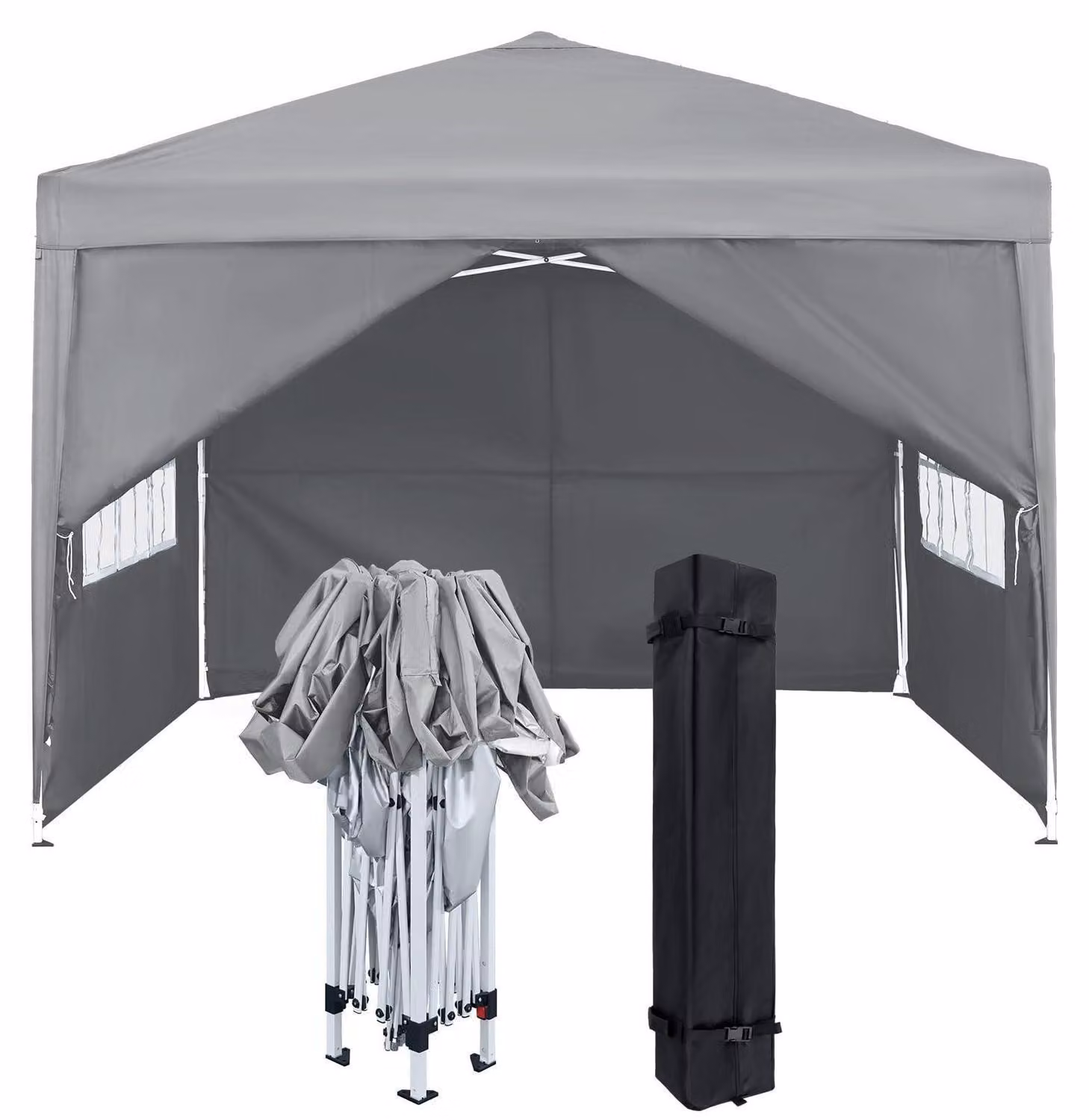 Gazebo da esterno 3x3 metri con pannelli laterali e finestre, colore grigio, realizzato in poliestere, impermeabile e con protezione UV