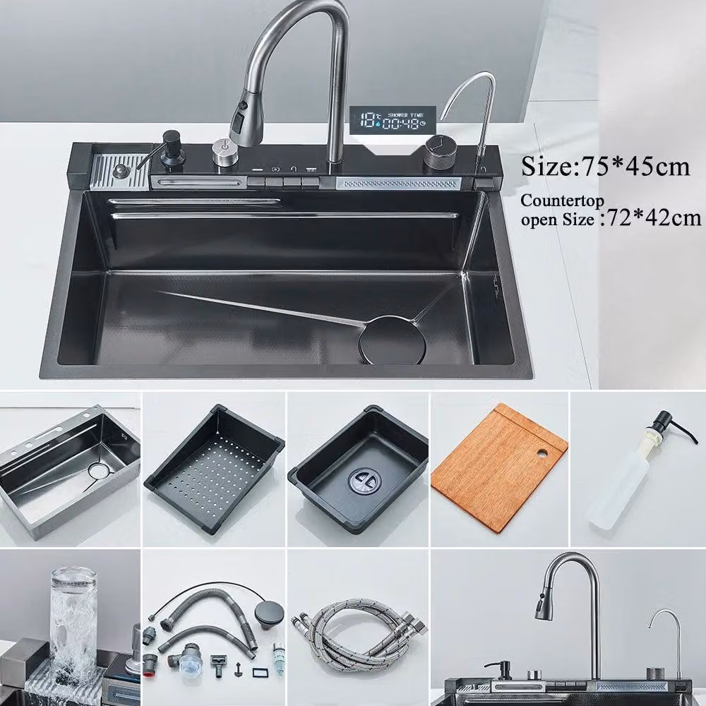 Lavello da cucina con rubinetto - Lavello in acciaio inossidabile da incasso con display digitale - Grigio