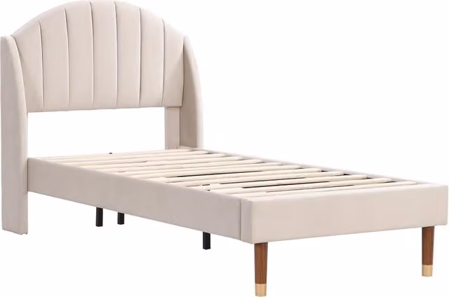 Letto Singolo con Testiera Imbottita in Velluto Beige, L/P/H: 90 x 200 cm, senza Materasso – 1