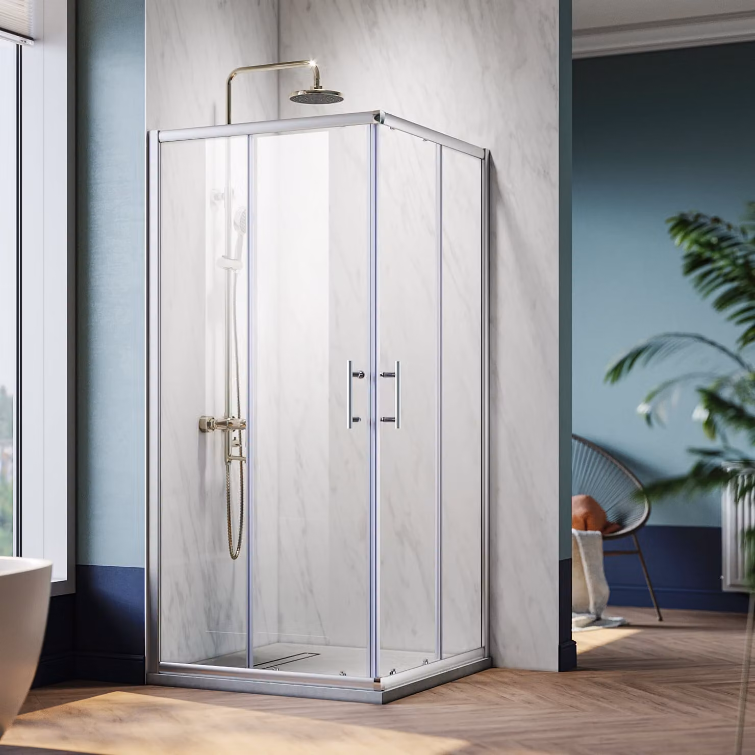 Cabina doccia SONNI 80 x 80 cm ingresso angolare doppie porte scorrevoli doccia ESG vetro funzione di sgancio rapido protezione acqua schizzi