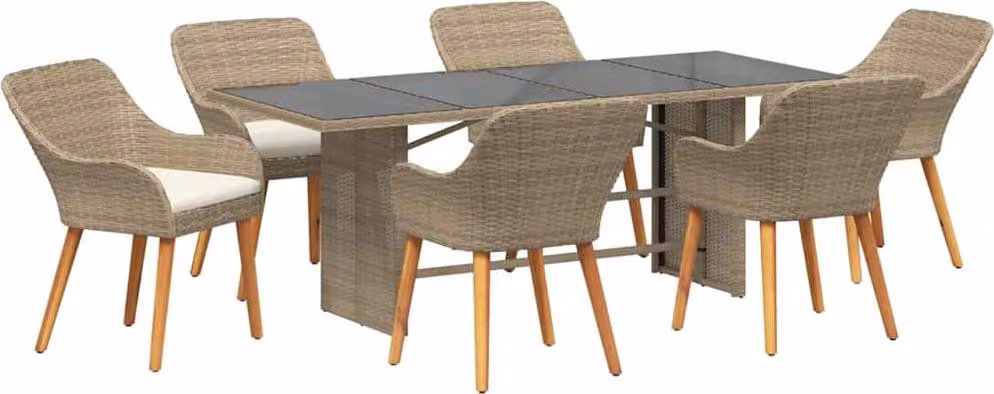 Set da Pranzo per Giardino con cuscino 7 pcs Beige polyrattan