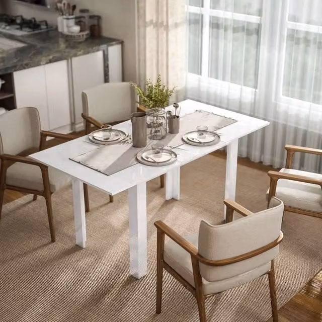 Tavolo allungabile da pranzo con piano estensibile a farfalla in MDF bianco lucido per 4–6 persone