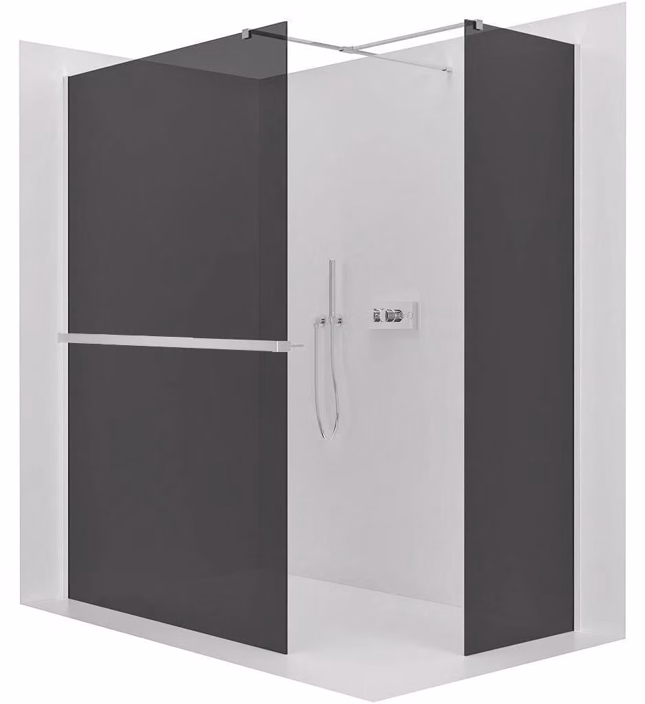 Pannello doccia angolare Walk-in Onyx T L/P - 8 mm - montante quadrato + ripiano/portasciugamani - cromato, vetro grigio - 130x70x200 cm